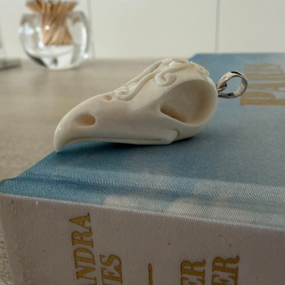 Hand Carved Raven Skull Pendant Sterling Silver